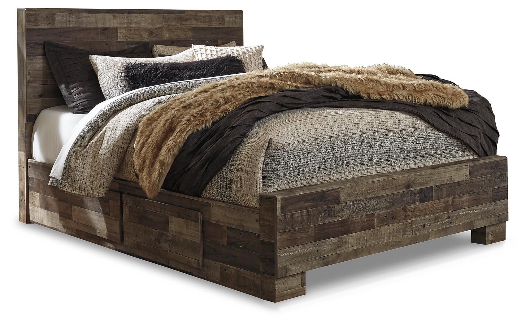 Dark wood panel bed with gray upholstered headboard and faux-fur throw over bedding