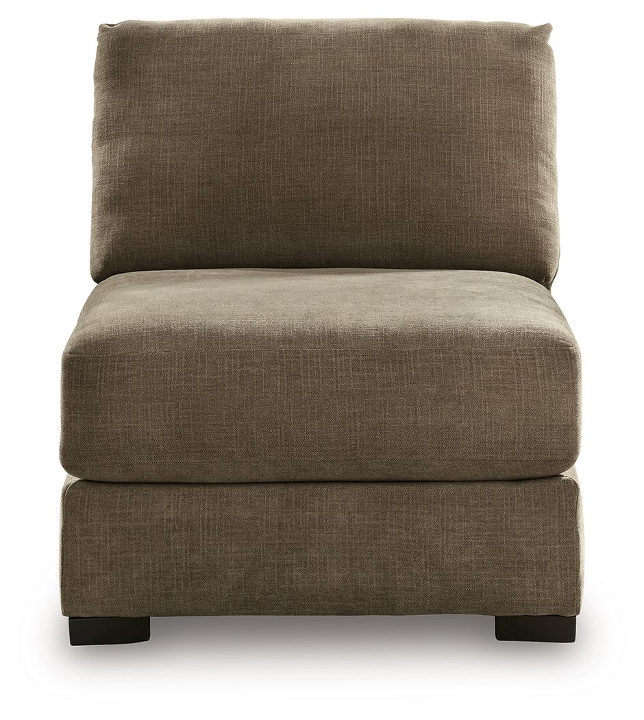 Armless chair with high backrest and cushioned seat, coffee-brown fabric