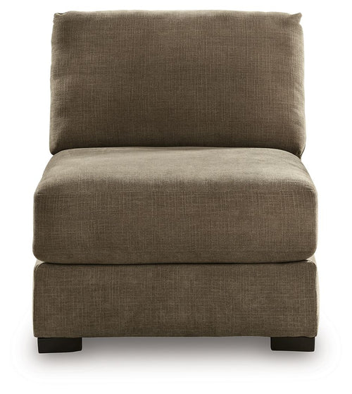 Armless chair with high backrest and cushioned seat, coffee-brown fabric