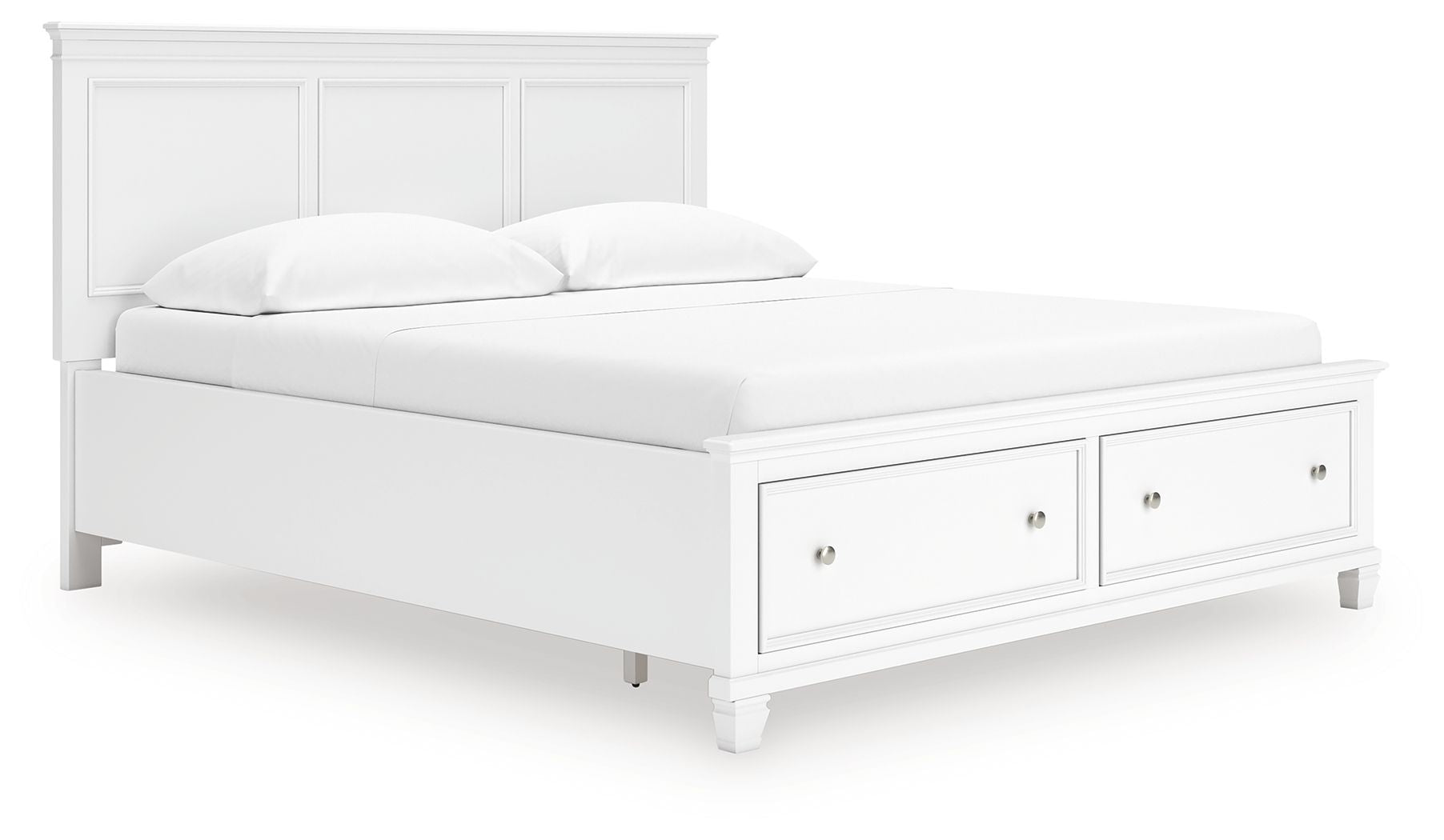 White panel bed with two underbed drawers and padded upholstered headboard
