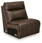Chocolate-brown armless chair with padded backrest and thick seat cushion