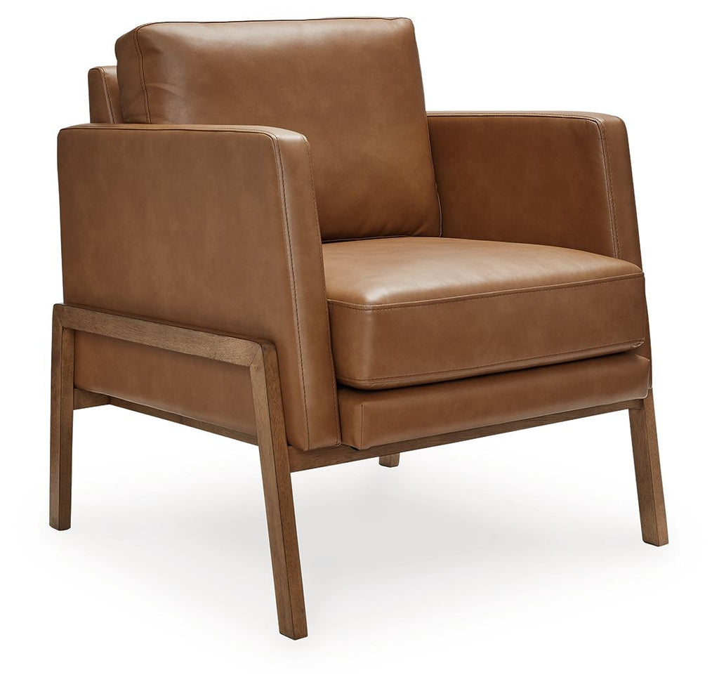 Caramel accent chair with padded arms, square seat cushion, and wooden legs