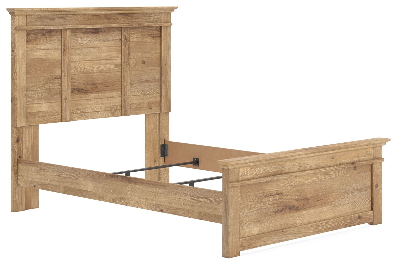 Light brown panel bed frame with paneled headboard and under-bed support visible, front view.
