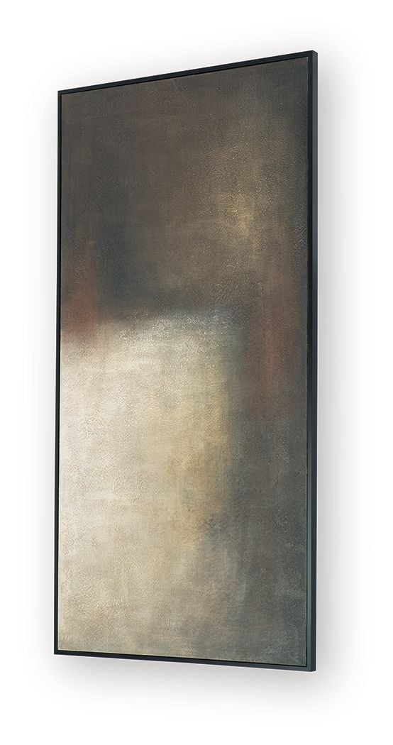 Abstract rectangular wall art with dark gray and cream textured tones, black frame