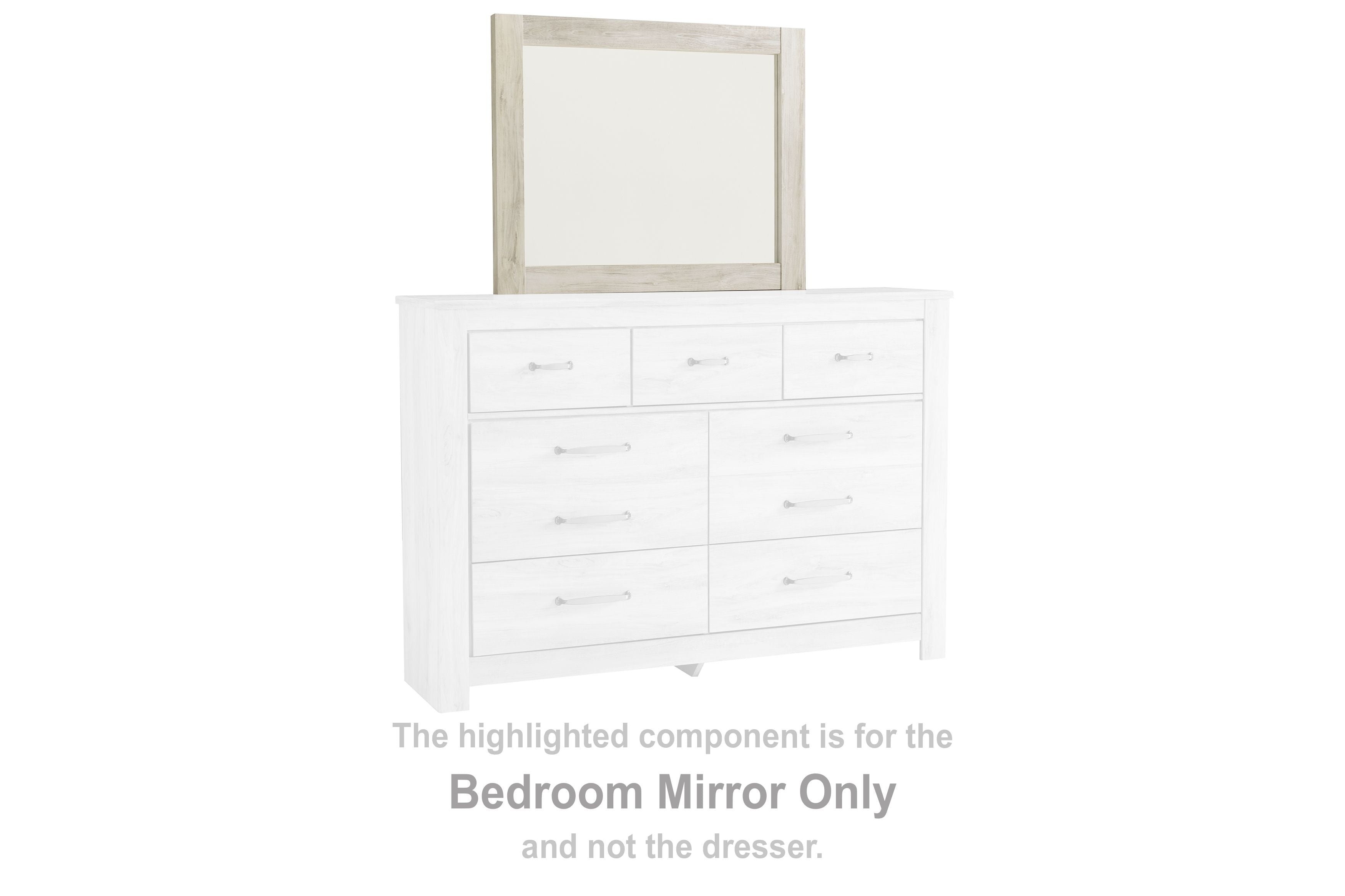 Whitewashed wood frame bedroom mirror with straight rectangular outline