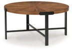 Round occasional table with brown wood top and dark metal legs