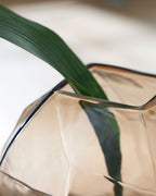 Ewart glass vase rim detail with green leaves, faceted mirror-like surface