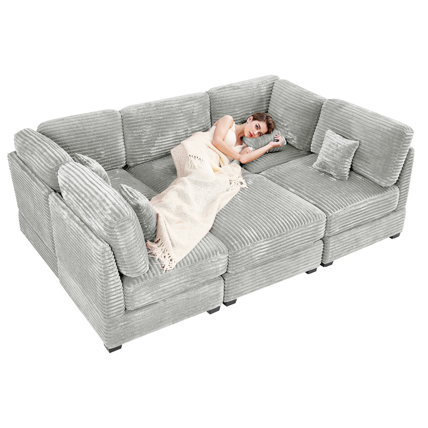 123' U-Shaped Modular Corduroy Sofa Bed Sectional Grey