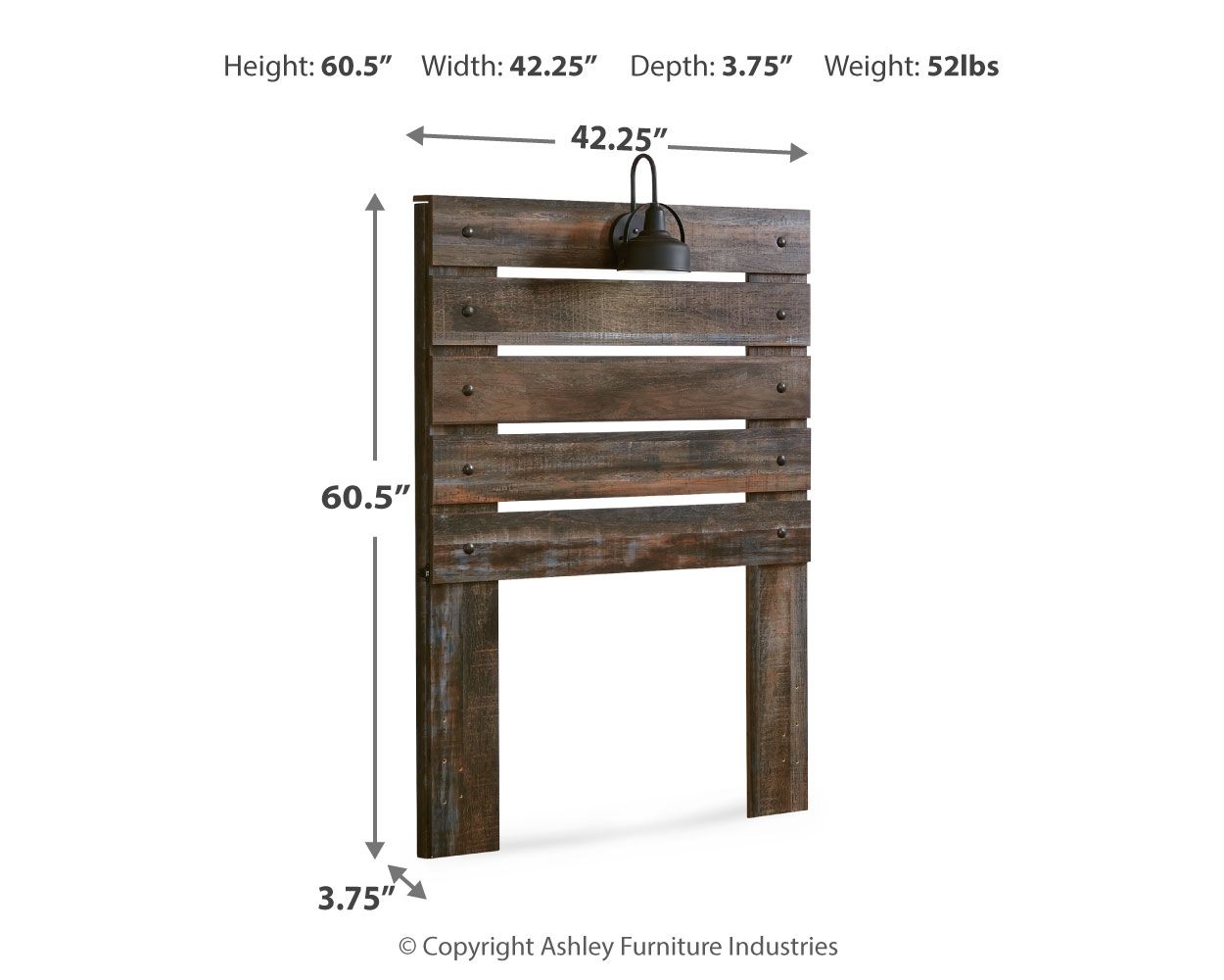 Drystan panel headboard, dark brown wood with horizontal slats and black light fixture