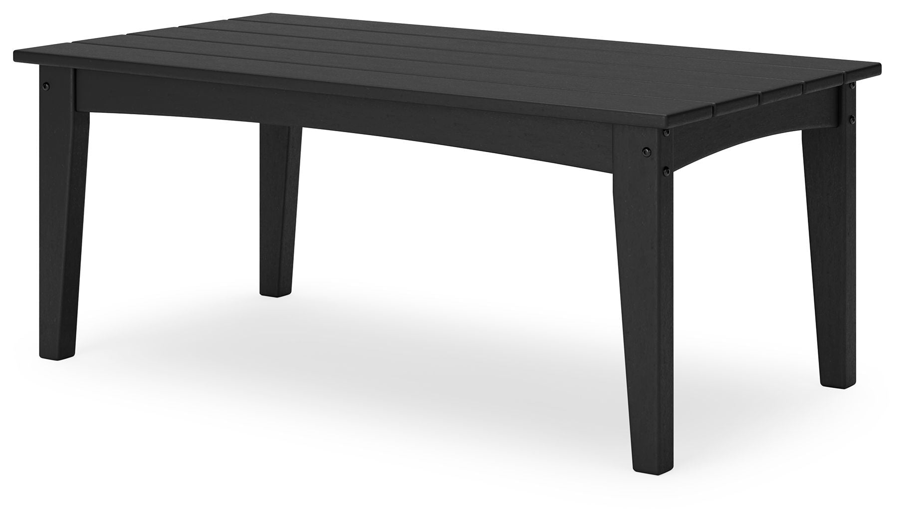 Rectangular cocktail table in dark/black with slatted tabletop and corner supports