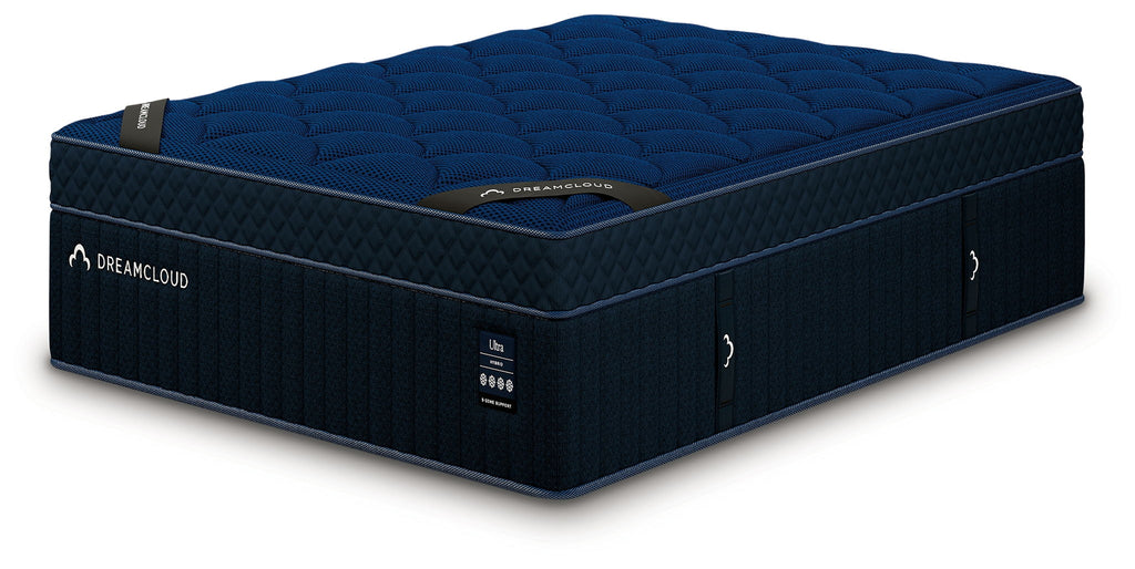 Blue hybrid mattress with quilted top and dark padded sides