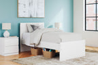 White panel platform bed with headboard and side storage drawer fronts.