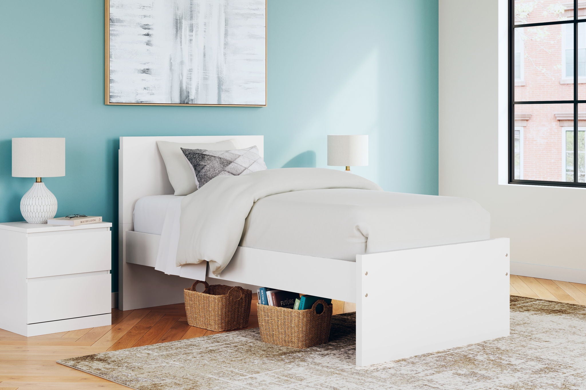 White panel platform bed with headboard and side storage drawer fronts.