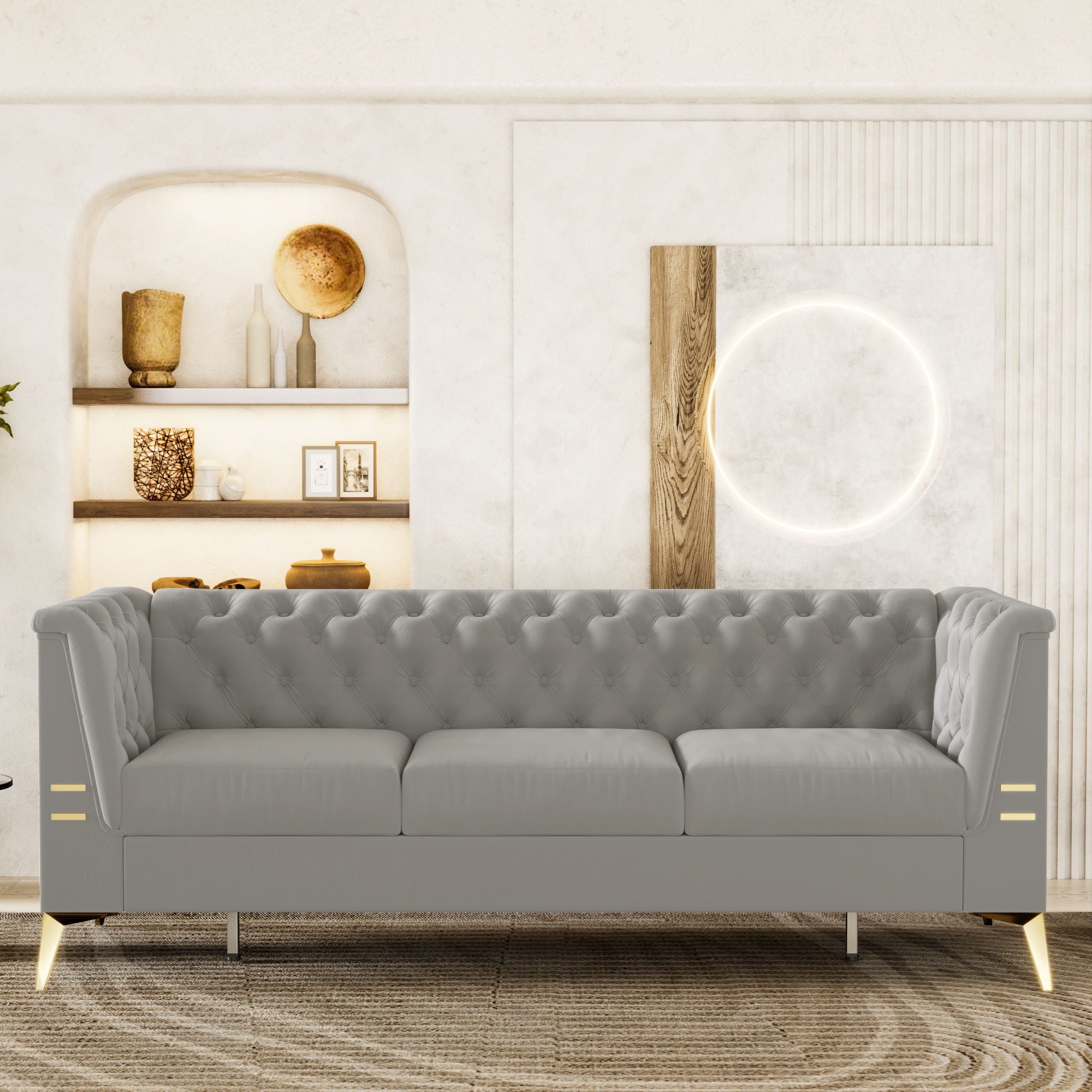 (Sofa) Modern Style Velvet Button-Tufted Living Room Sofa With Removable Cushion & Solid Wood Legs Sofas
