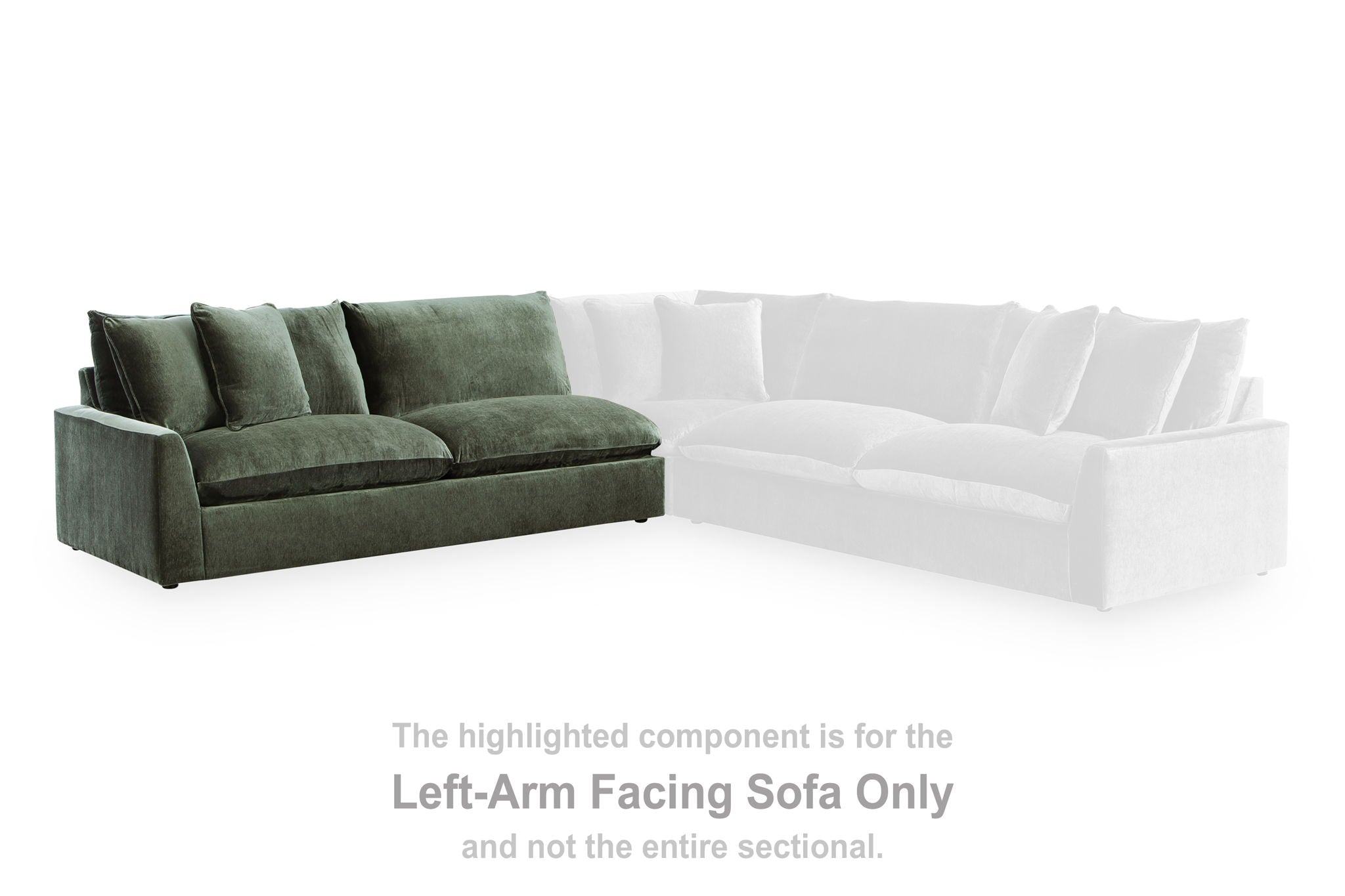 Jade green left-arm facing sofa section with two seat cushions and three back pillows
