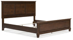 Dark brown panel bed frame with open under-bed storage and front drawer