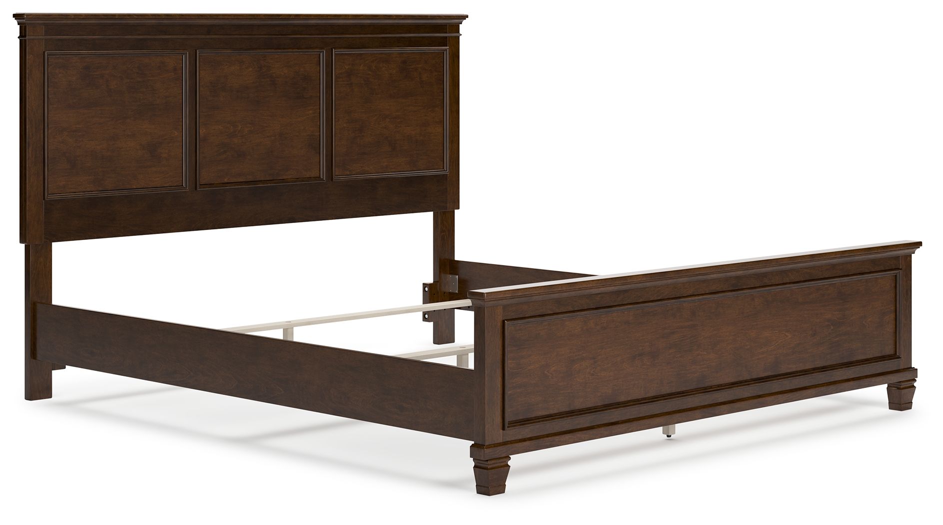 Dark brown panel bed frame with open under-bed storage and front drawer