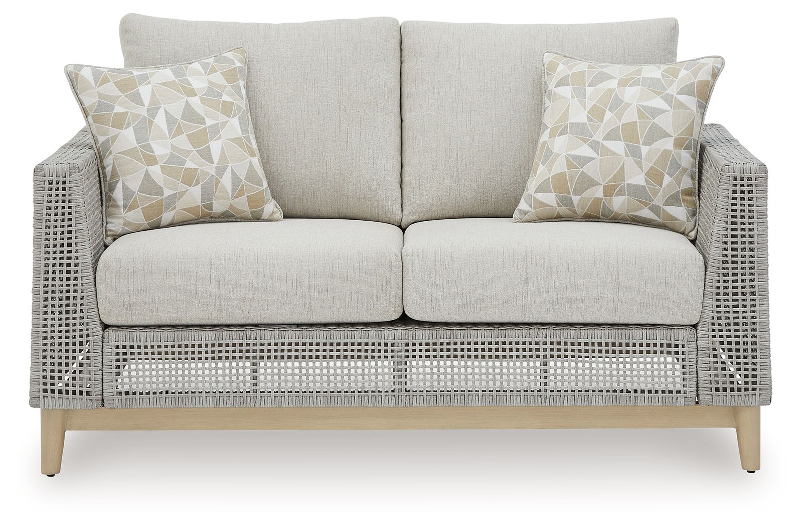 Gray woven loveseat with two seat cushions and three light patterned throw pillows