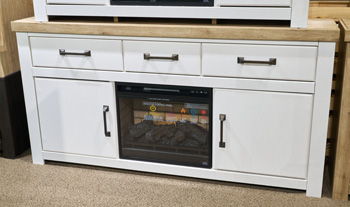White TV stand with built-in electric fireplace insert, glass door and metal handles