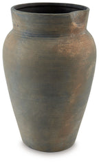 Antique gray ceramic vase with wide rim and textured brushed finish, 15-inch height