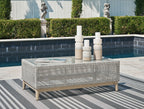 Gray rectangular cocktail table with woven mesh surface and wooden legs