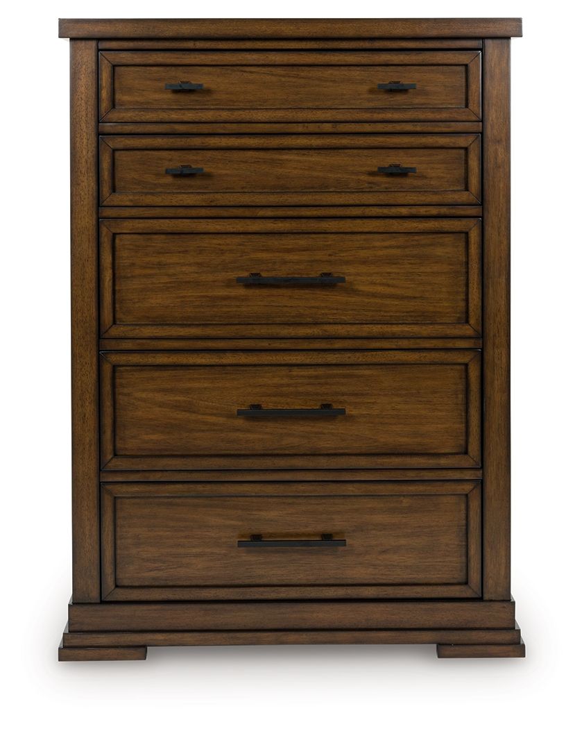 Medium brown five-drawer wooden chest front view with five drawers and metal bar pulls