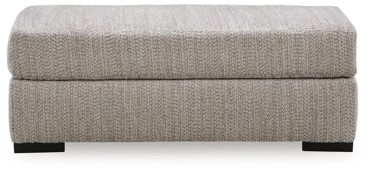 Lofwood gray fabric ottoman with top cushion and black legs, side view