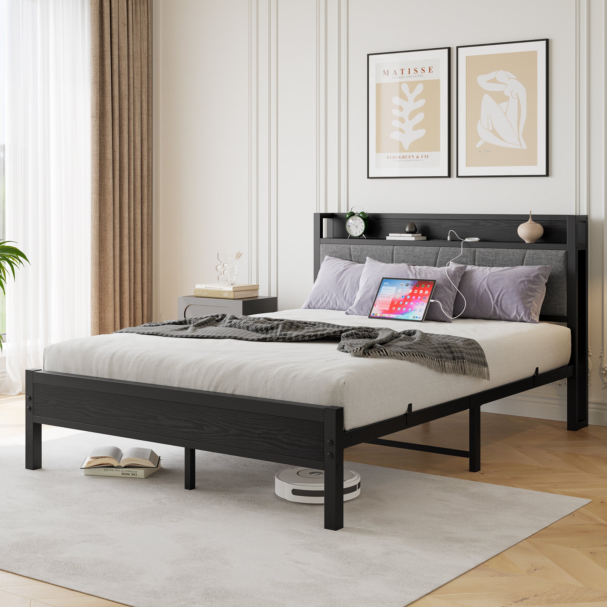 Queen Bed Frame: Storage Headboard, Charging, No Box Spring, Stable