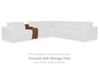 Sectional console with storage, caramel-brown upholstered armrest