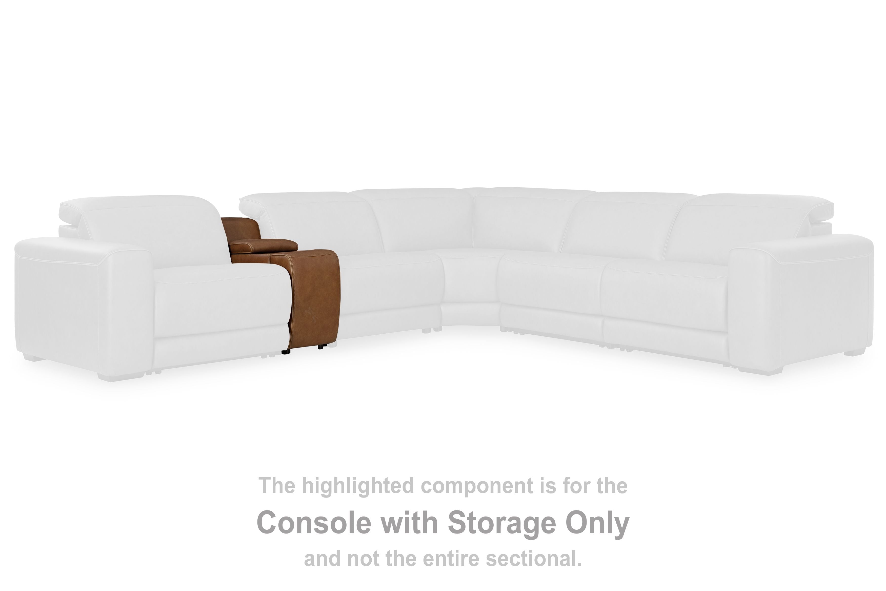 Sectional console with storage, caramel-brown upholstered armrest