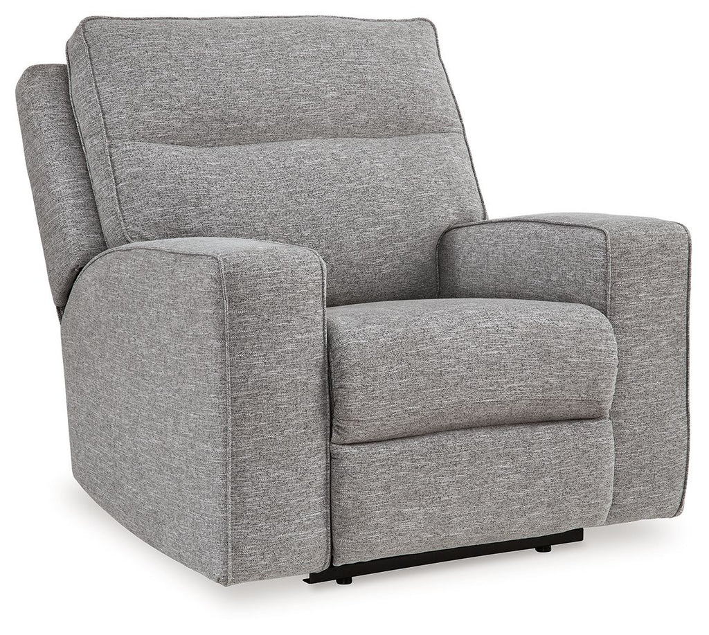 Pewter gray power recliner chair with adjustable headrest and padded armrests