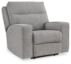 Pewter gray power recliner chair with adjustable headrest and padded armrests