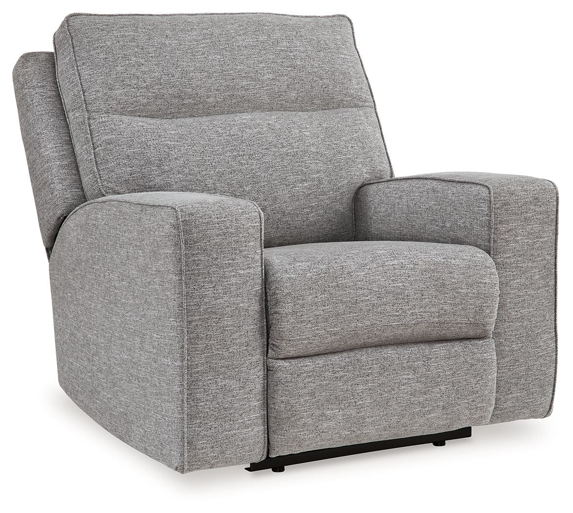Pewter gray power recliner chair with adjustable headrest and padded armrests