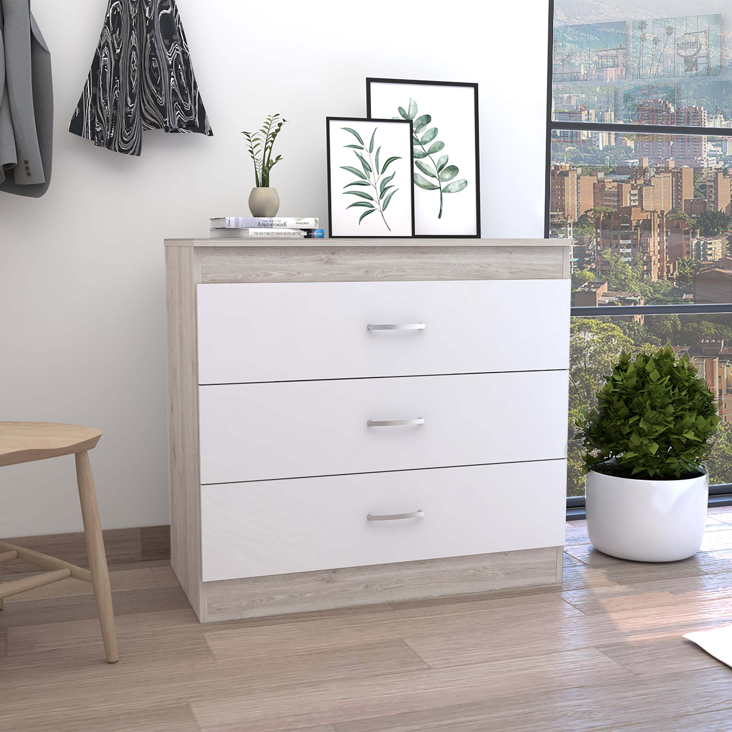 Light Gray White 3-Drawer Dresser - Metal Hardware, 29"H