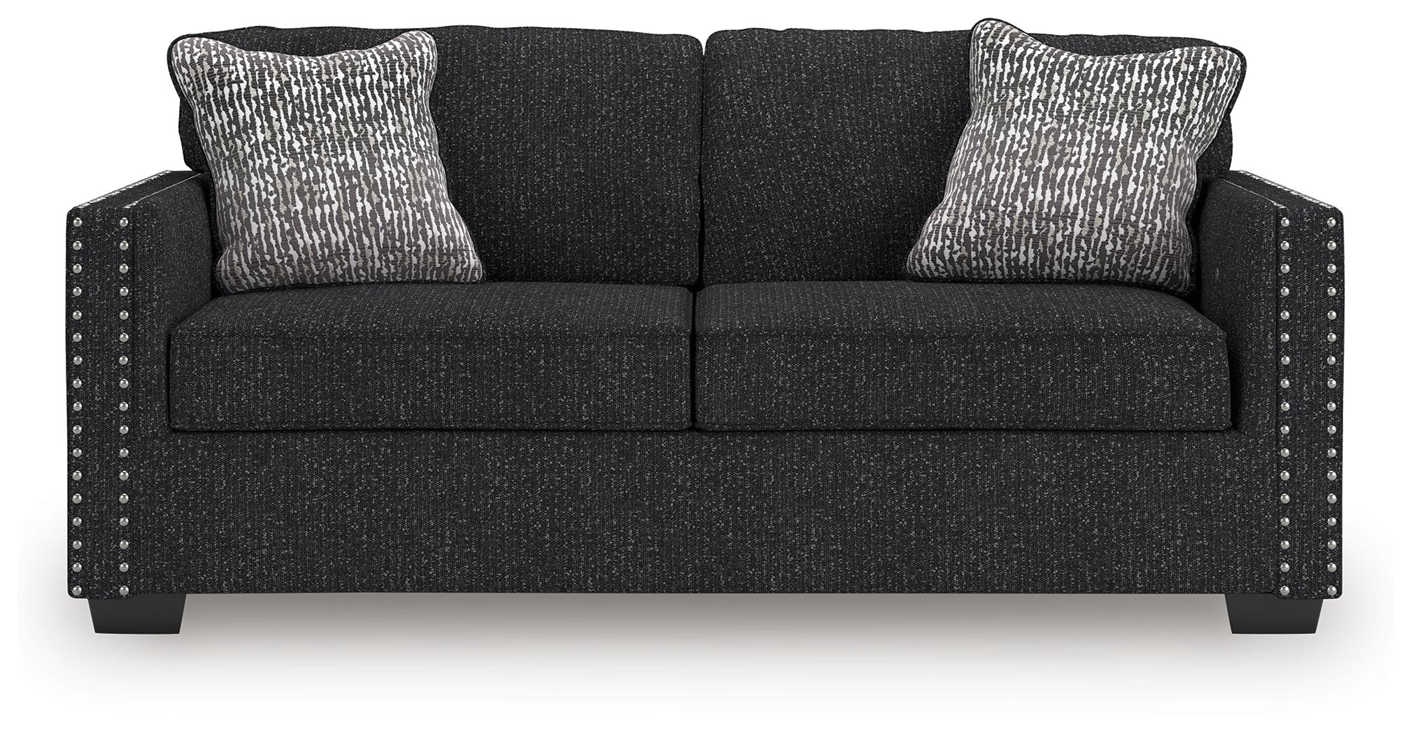 Black textured loveseat with two seat sections and two patterned throw pillows