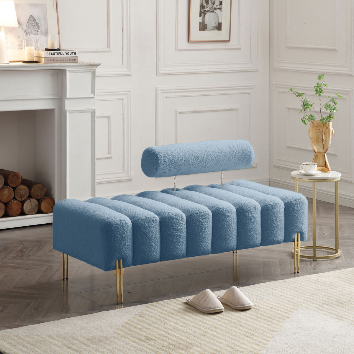 Width Modern End Of Bed Bench Sherpa Fabric Upholstered 2 Seater Sofa Couch Entryway Ottoman Bench Fuzzy Sofa Stool Footrest Window Bench With Gold Metal Legs For Bedroom Living Room, Light Blue