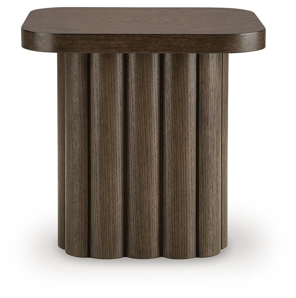 Dark brown oval end table with smooth top and ribbed cylindrical base