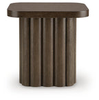 Dark brown oval end table with smooth top and ribbed cylindrical base