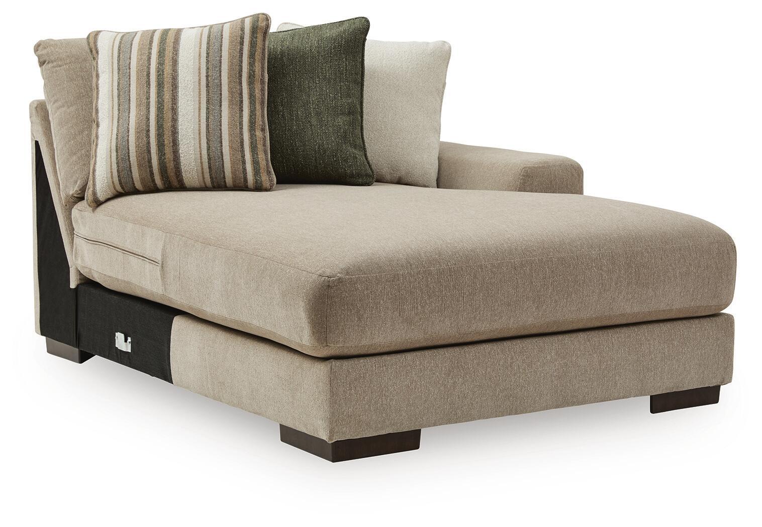 Linenhause corner chaise in dune beige with dark legs and three pillows