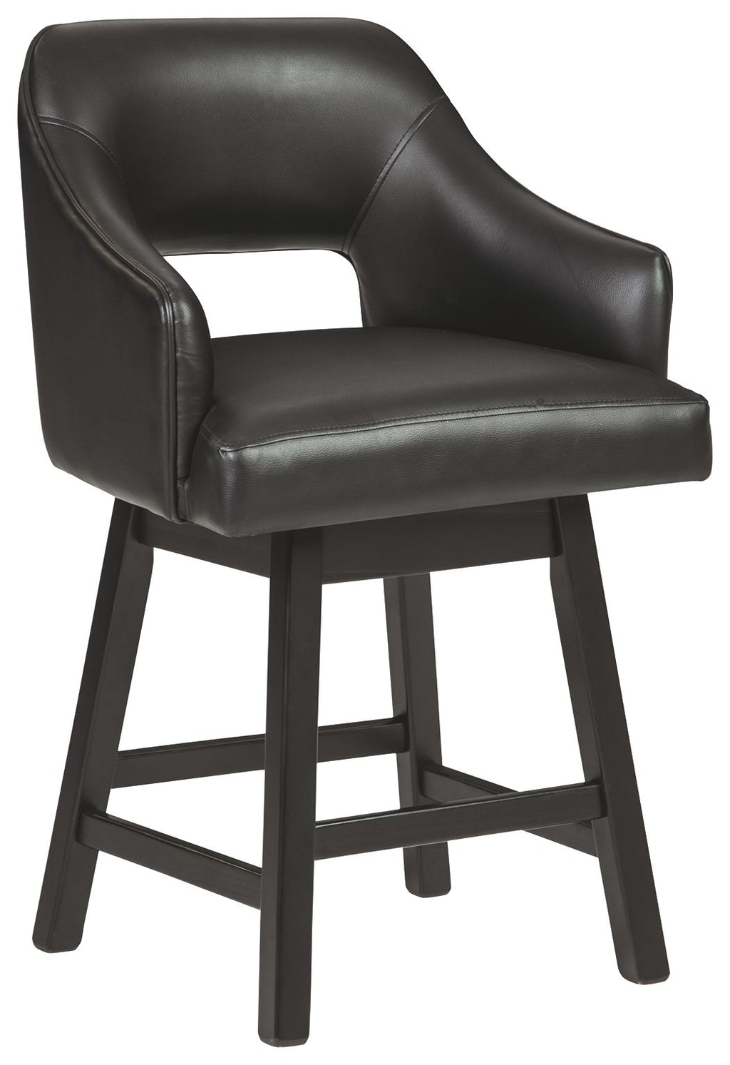 Black upholstered swivel barstool with armrests, curved back, and dark wood legs