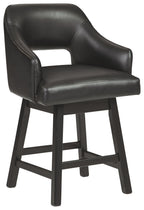 Black upholstered swivel barstool with armrests, curved back, and dark wood legs