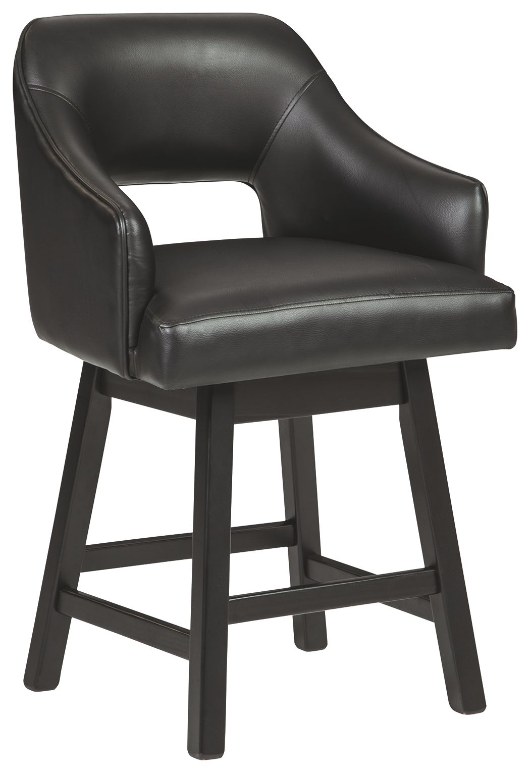 Black upholstered swivel barstool with armrests, curved back, and dark wood legs