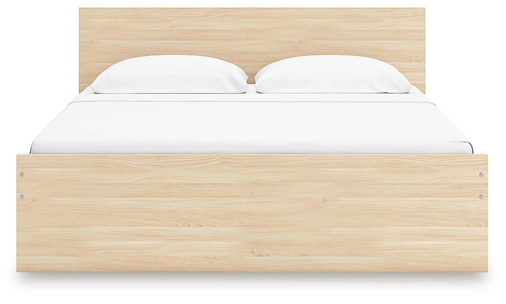 Light brown wood panel platform bed with low front panel and white mattress
