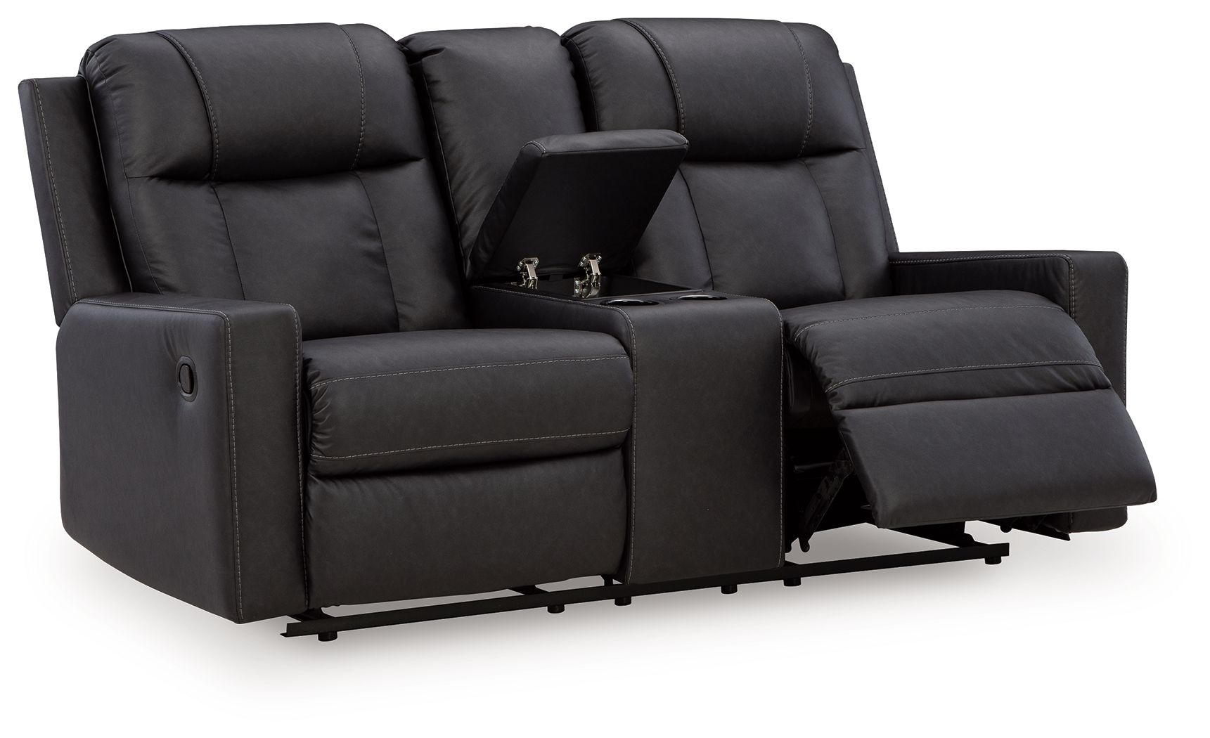 Black double reclining loveseat with center console and extended footrest positions