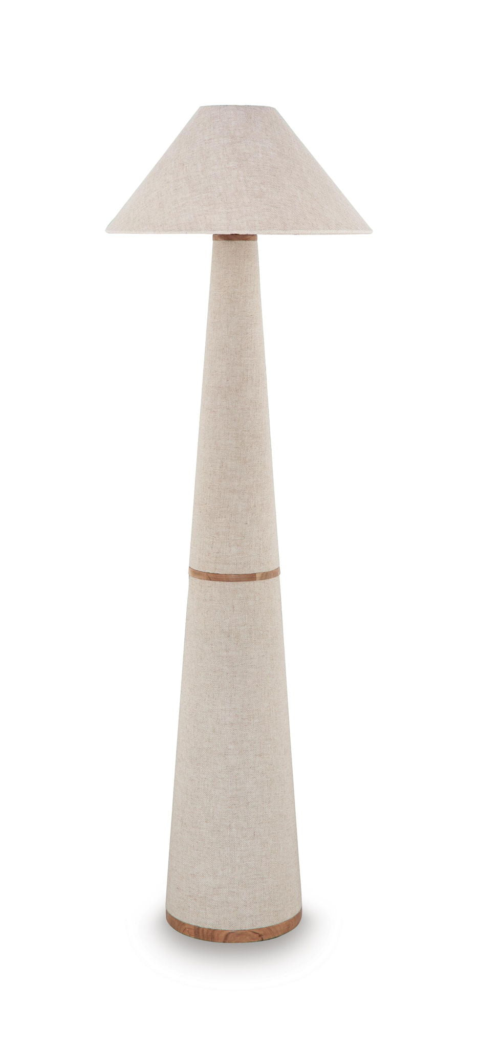 Beige fabric shade metal table lamp with tall cylindrical base and wood-toned ring