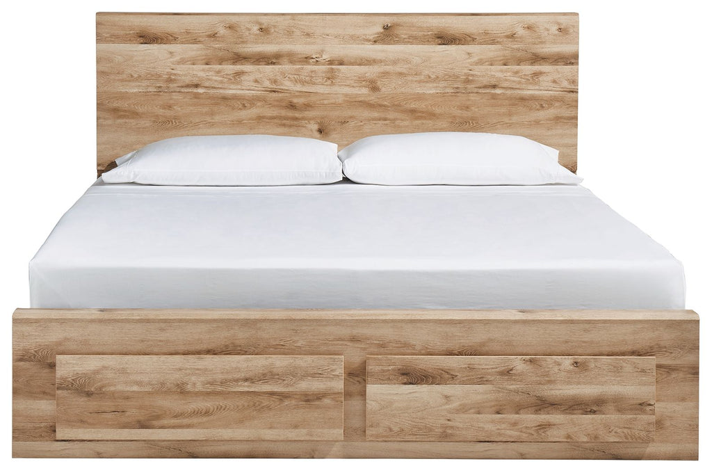 Beige storage bed with two front drawer panels and white mattress