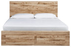 Beige storage bed with two front drawer panels and white mattress