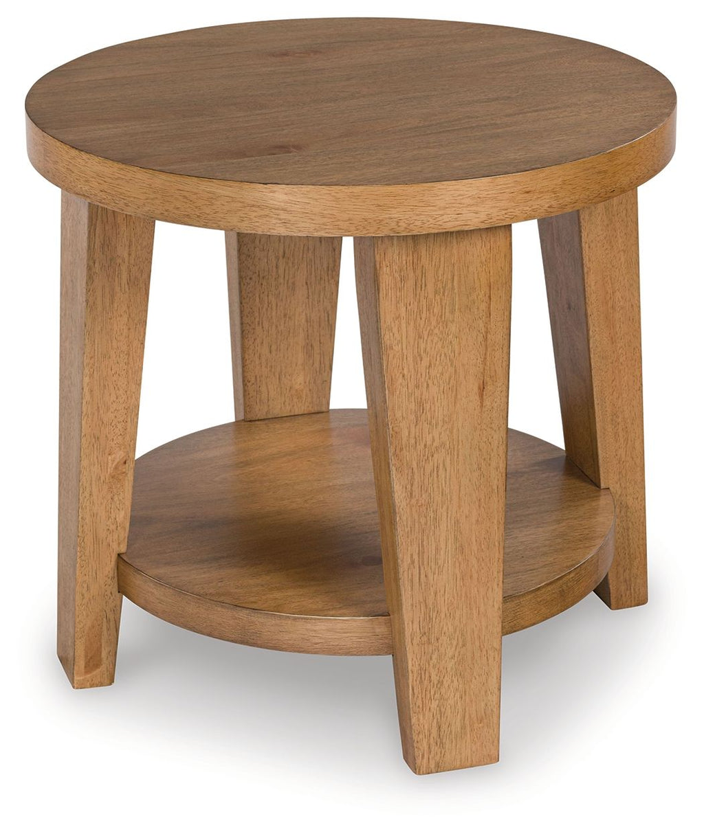 Kristiland light brown round end table, curved apron and open lower shelf