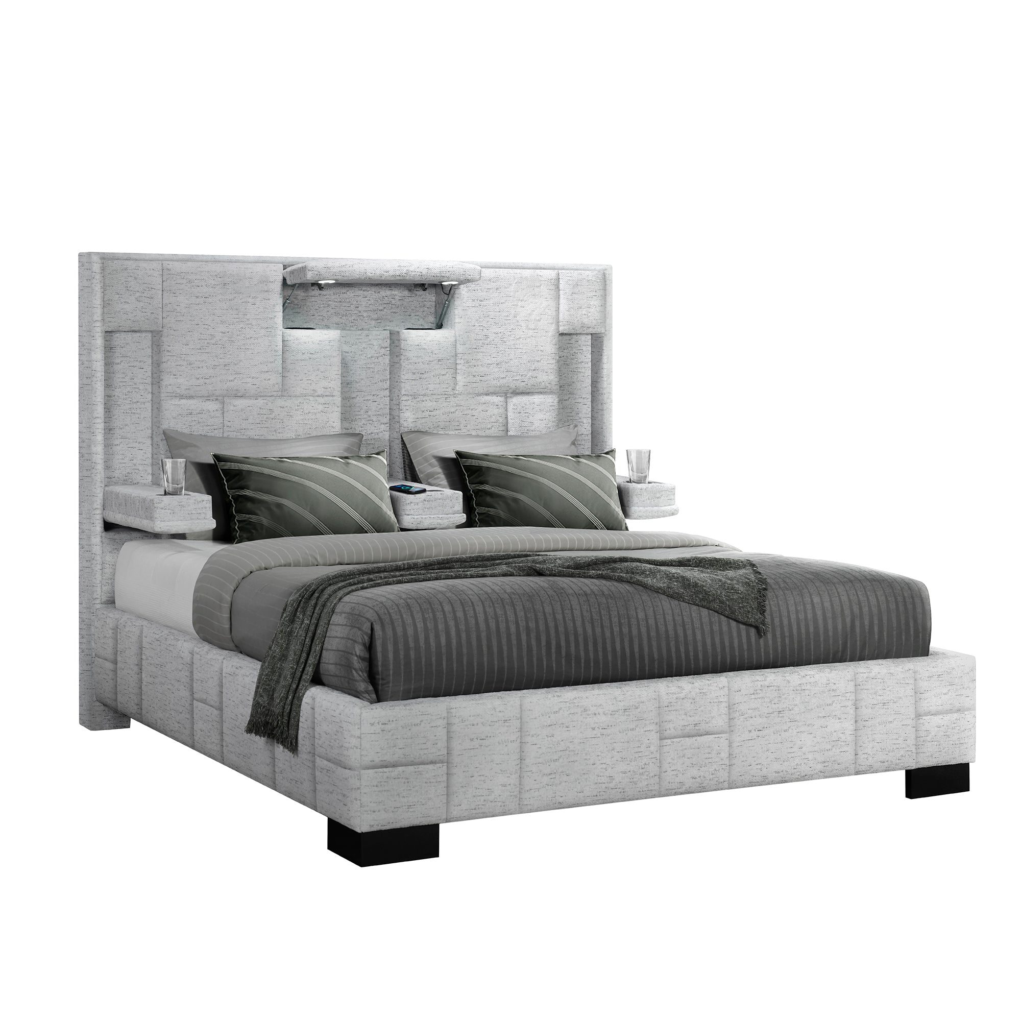 Yaris Contemporary Queen Bed: Wireless Charging, Speakers, Light Grey