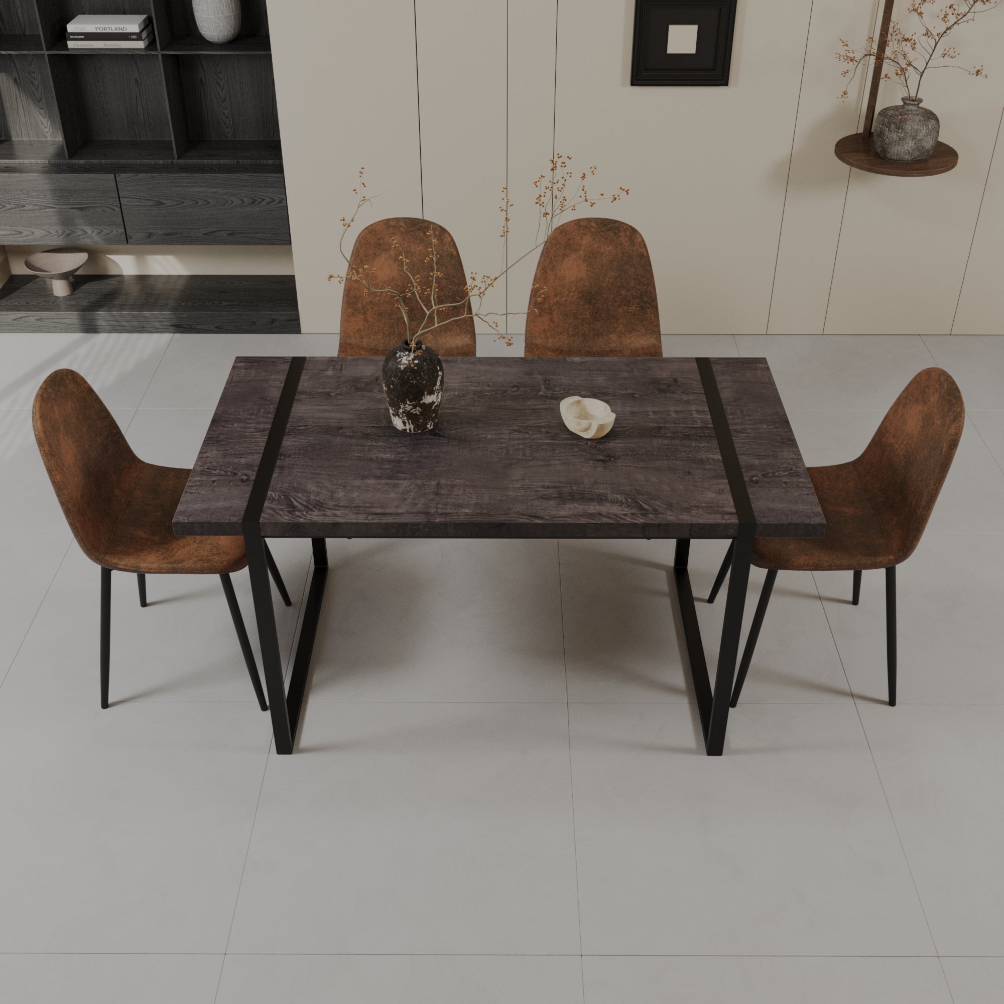 59" Black Dining Table Set - 4 Suede Chairs & Metal Base